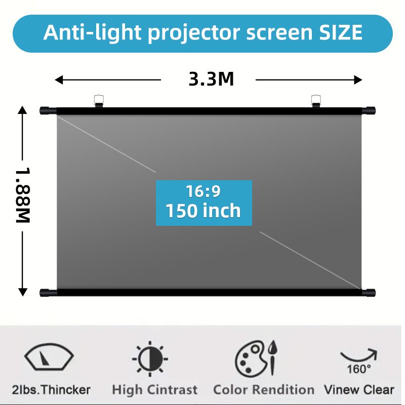 Home Cinema Projector Screen - 150 Inch 16:9 Anti-Light Projector Screen